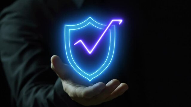 Businessman hand shows identity proofing icon for the security protection system on virtual screen. Certified guarantee approval or secure access system concept, Quality assurance of business service.