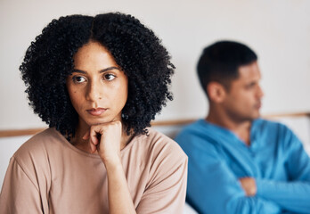 Frustrated couple, fight and conflict in divorce, argument or disagreement on bed from dispute at home. Upset woman and man in breakup, cheating affair or toxic relationship in bedroom at the house