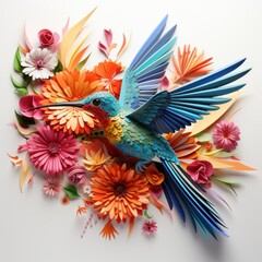 Fototapeta premium A radiant hummingbird, crafted with shimmering origami paper, hovering near a cluster of tropical blooms