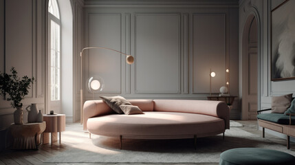 Conceptual 3d render of a designer room, lounge, minimalist style, concept with calm colors and round architecture.
