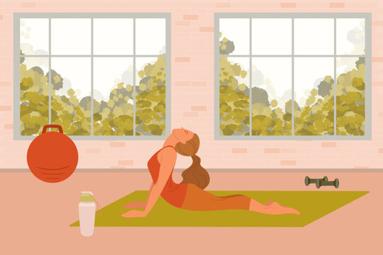 Woman doing yoga or stretches on mat vector illustration. Cartoon drawing of girl exercising at home or gym, water bottle, exercise ball, dumbbells. Active lifestyle, sports, fitness concept
