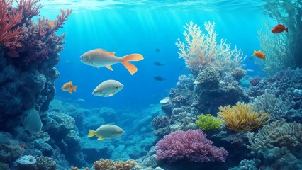 Fototapeta na wymiar Underwater Scene With Coral Reef And Tropical Fishes, Background 