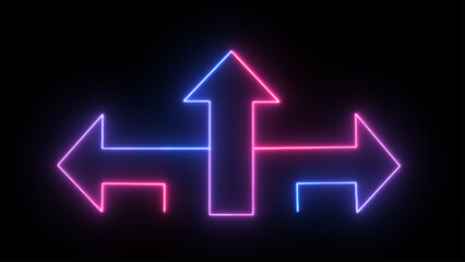Arrows of brilliant purple neon light pointing to the left, right and above. Glowing neon arrows in three dimensions on a dark background. direction indications that flash.