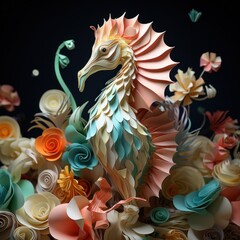 Obraz premium A whimsical seahorse, its delicate origami shape swirling among a garden of folded paper seashells