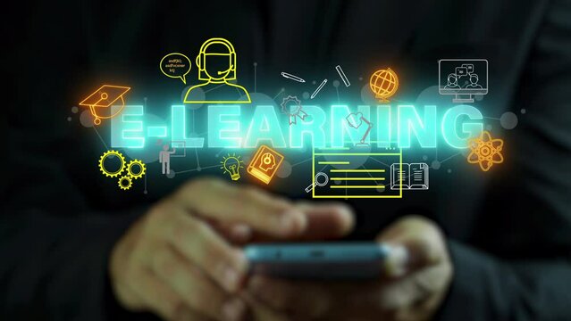 Businessman showing e-learning icons on virtual screen. Concept of online education, webinar on internet for personal development and professional qualifications. Digital courses to develop new skills