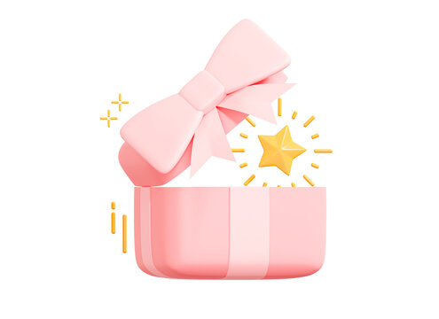 3D Open pink gift box with explosion star. Birthday surprise.
Fireworks emoji. Soft pastel colors. Win award. Cartoon creative design icon isolated. 3D Rendering
