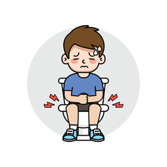 Kids boy sitting toilet seat with diarrhea,food poisoning,stomach pain problem.Vector flat cartoon illustration