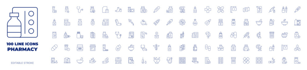 100 icons Pharmacy collection. Thin line icon. Editable stroke.