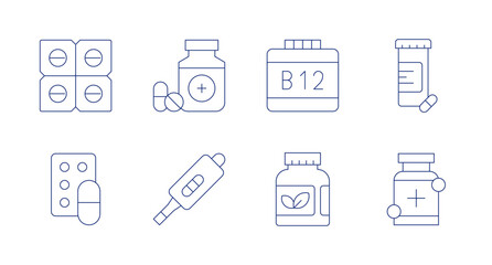Pharmacy icons. Editable stroke. Containing pills, medicines, b 13, drugs, drug, pregnancy test, supplement, pharmacy.