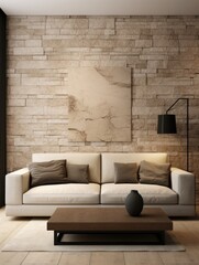 Stone textured paneling wall in room with beige sofa. Interior design of modern minimalist living room
