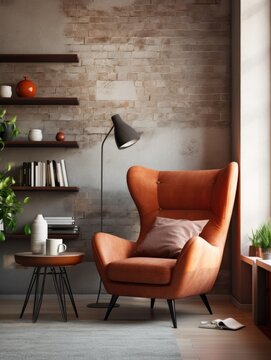 Terra cotta armchair in bright apartment. Interior design of modern living room