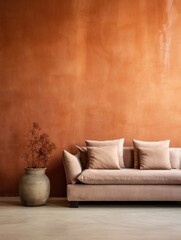 Terra cotta sofa near grunge beige stucco wall. Interior design of modern living room