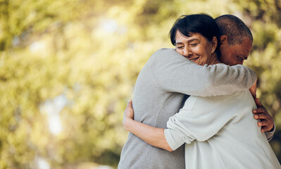 Obraz premium Hug, outdoor and senior couple with love, marriage or support with romance, relax or relationship. Relationship, old man or elderly woman embrace, romantic or retirement with smile or loving together