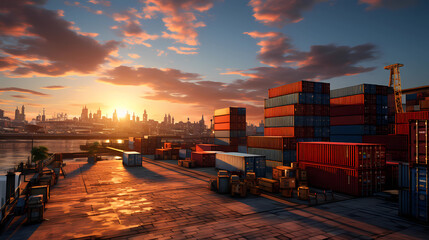 cargo containers in the harbor with sunset background