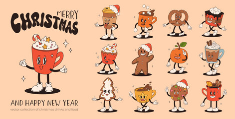 Funny Retro cartoon christmas Character in groovy 50s, 60s, 70s Vintage Style. Happy new year mascot with hot coffee, cocoa, gingerbread, cake, cupcake and cookie. Xmas vintage characters.
