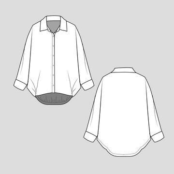 recommend clip art: Womens Fashion shirt  collar stand with Full open button placket shirt Hem Detail  long sleeve cuff dip hem fashion T shirt top blouse Flat Sketch technical drawing template design vector