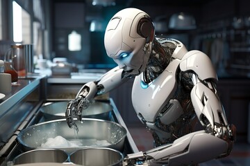 Robot robot washes dishes. Generated AI.