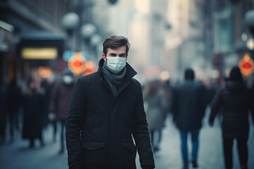 Man with Medical Mask Walking Amidst the Crowd in the city