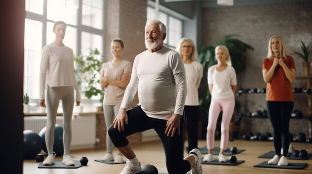 Senior group doing squat exercise with physiotherapist in gym. Elderly men and women having physiotherapy class, rehab course with trainer guide. Elderly people healthy lifestyle generative Ai