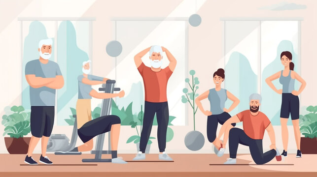 Senior group doing squat exercise with physiotherapist in gym. Elderly men and women having physiotherapy class, rehab course with trainer guide. Elderly people healthy lifestyle generative Ai