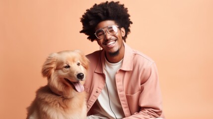 A resilient young man with disabilities showcases his confidence and determination while posing with his beloved dog in a studio setting. Generative AI
