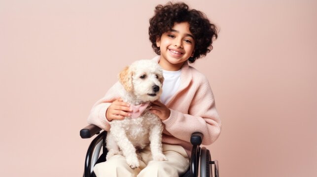 A heartwarming image of a happy kid with a disability, posing alongside his faithful dog against a studio backdrop. Generative AI