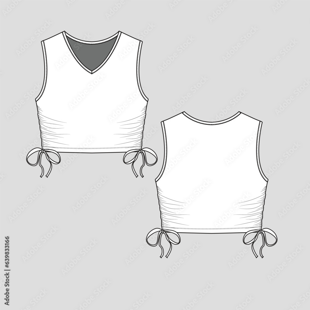 Wall mural Women knotted sleeveless Crop top side elastic gathering tie knot v neck tank top fashion flat sketch technical drawing template design vector - Wall murals