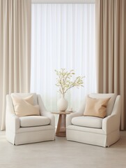 White armchairs and fabric sofa against of window with beige curtains. Interior design of modern living room