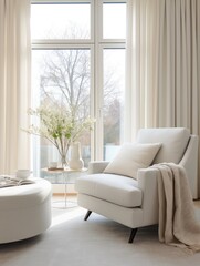 White armchairs and fabric sofa against of window with beige curtains. Interior design of modern living room