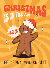 Funny Retro cartoon christmas Character in groovy 50s, 60s, 70s Vintage Style. Happy new year mascot with hot coffee, cocoa, gingerbread, cake, cupcake and cookie. Xmas vintage characters.