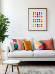 White sofa and colorful cushion and art poster on white wall. Interior design of mid-century living room