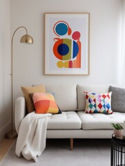 White sofa and colorful cushion and art poster on white wall. Interior design of mid-century living room