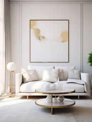 White sofa and golden coffee tables in bright mid century room. Interior design of modern living room