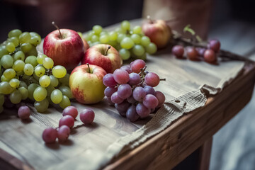 Mele e grappoli d'uva su un tavolo di un cascinale