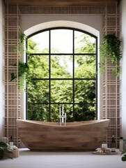 Wooden bath tub and greenery. Interior design of modern bathroom with grid window