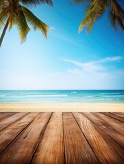 Wooden board on tropical beach. Sand and blue sky with palm leaf. Summer rest background