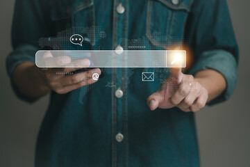 Technology Internet search engine, using search tool tabs, management data information technology network, man hands holding mobile in office, visual search tab browser with website and social media