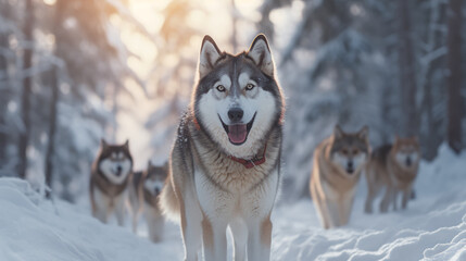 Fototapeta premium A majestic and powerful Siberian Husky leading a team of sled dogs through a snowy winter wonderland.