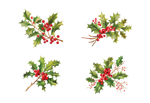Watercolor winter symbol holly branch with green leaves and red berries. Merry christmas celebration clip art.