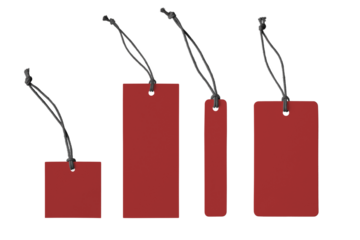 Various shape of blank red paper label or cloth tag set isolated on white, transparent background, PNG. Price tag mockup template with copy space for brand, information. Shopping, black friday sale