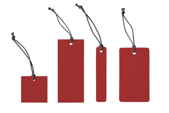 Various shape of blank red paper label or cloth tag set isolated on white, transparent background, PNG. Price tag mockup template with copy space for brand, information. Shopping, black friday sale