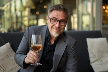Older man sitting on coach drinking champagne based cocktail from wine glass, smiling.