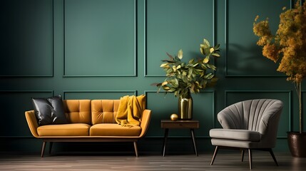 vintage interior with single sofa, Cozy living room with warm tones and green wall, AI generative