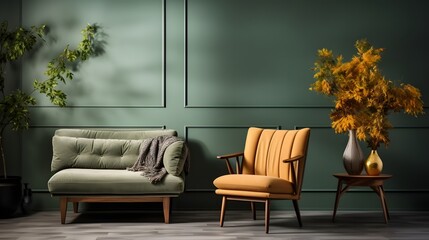 vintage interior with single sofa, Cozy living room with warm tones and green wall, AI generative