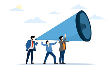 marketing communication concept, announcing promotion or communicating with employees, community or organization speech, loud voice or announcement, PR businessman shouting on megaphone.