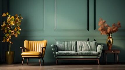 vintage interior with single sofa, Cozy living room with warm tones and green wall, AI generative