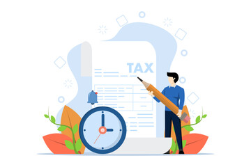 concept of tax time reminder, income tax planning, government payment date or financial return, income schedule or calculation, businessman holding pencil with tax paper document and clock.