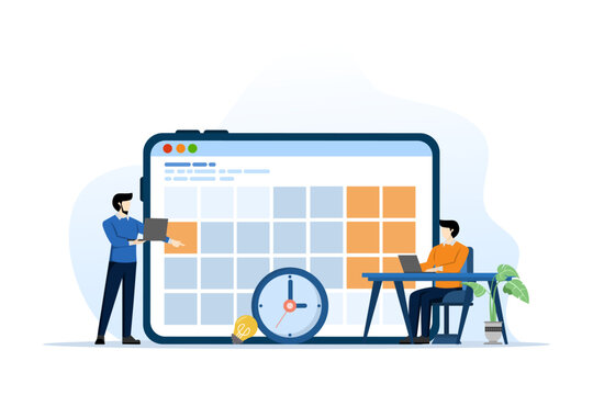 Business planning concept, business team working with digital online calendar, Planning Schedule, Leaving Notes, Manage and Organize Work and Time. time management. flat vector illustration.