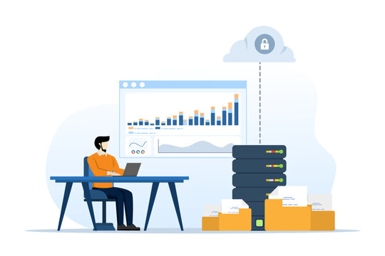 business technology storage cloud computing service concept with administrator and developer team working in cloud. business people working online connected by cloud from any concept. flat vector.