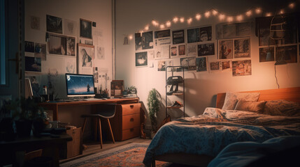 Cozy interior millennial teenage room with bed, laptop and desk.